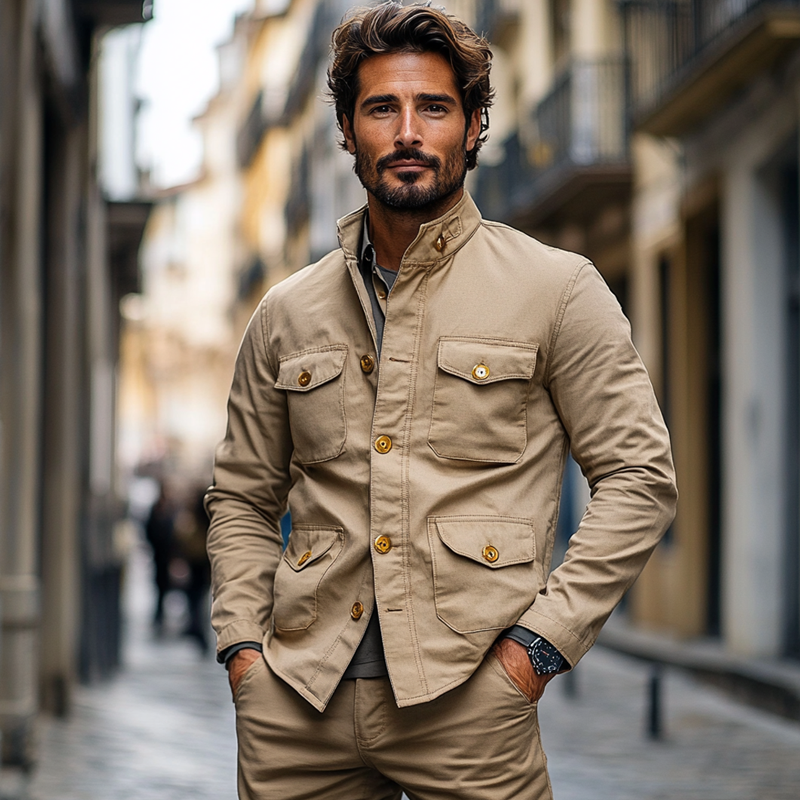 Men's Cotton Solid Color Multi-Pocket Stand Collar Button Jacket MTA0458I8X