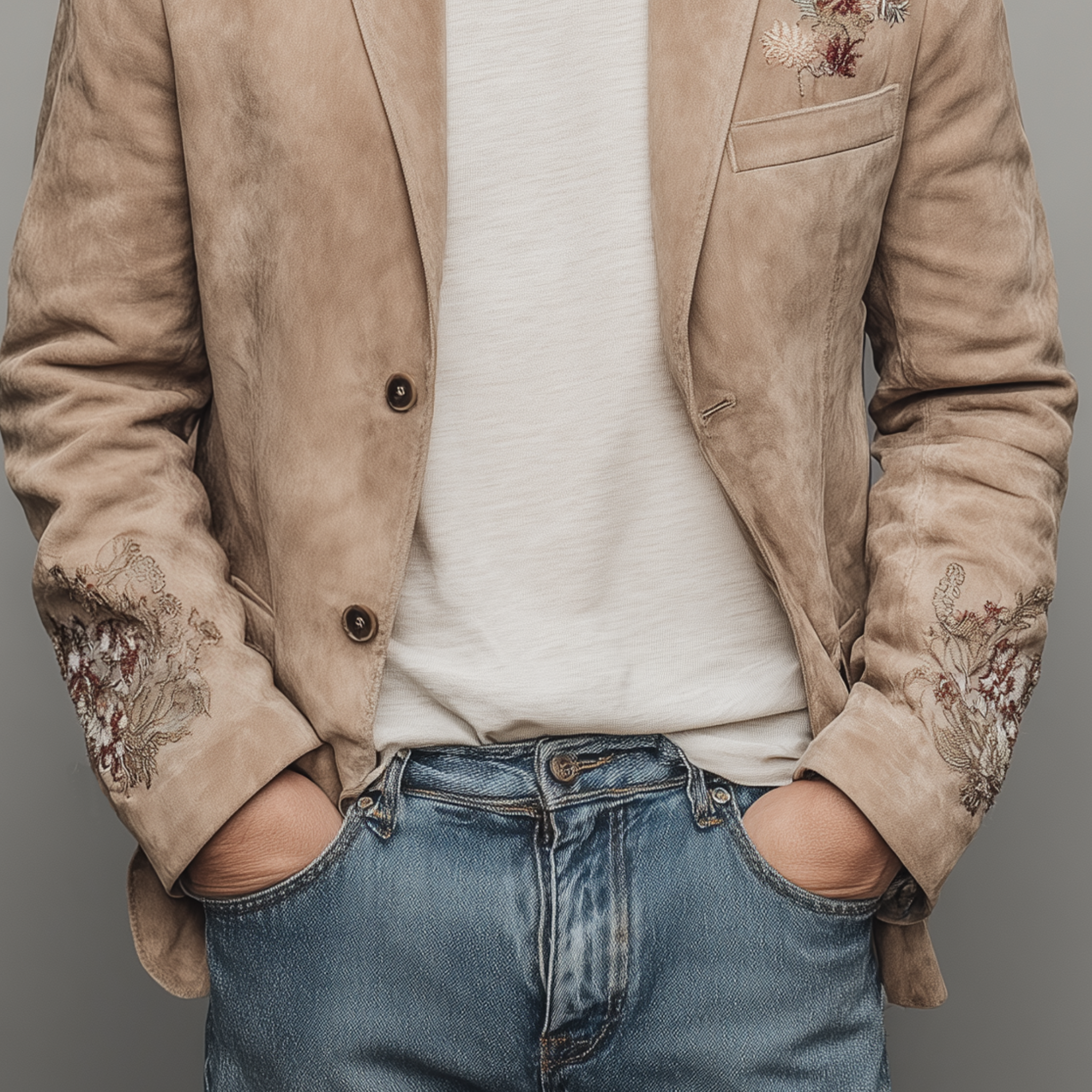 Men's Spring Fashion Casual Thin Suede Chest And Cuff Embroidery Single Breasted Blazer MTA1815G9K