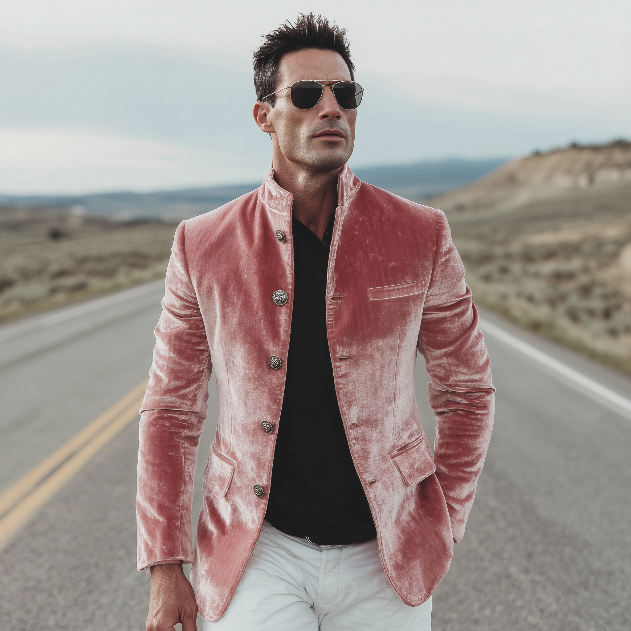 Men's Classic American Retro Stand Collar Button Pink Velvet Slim Jacket MTA1953H8K