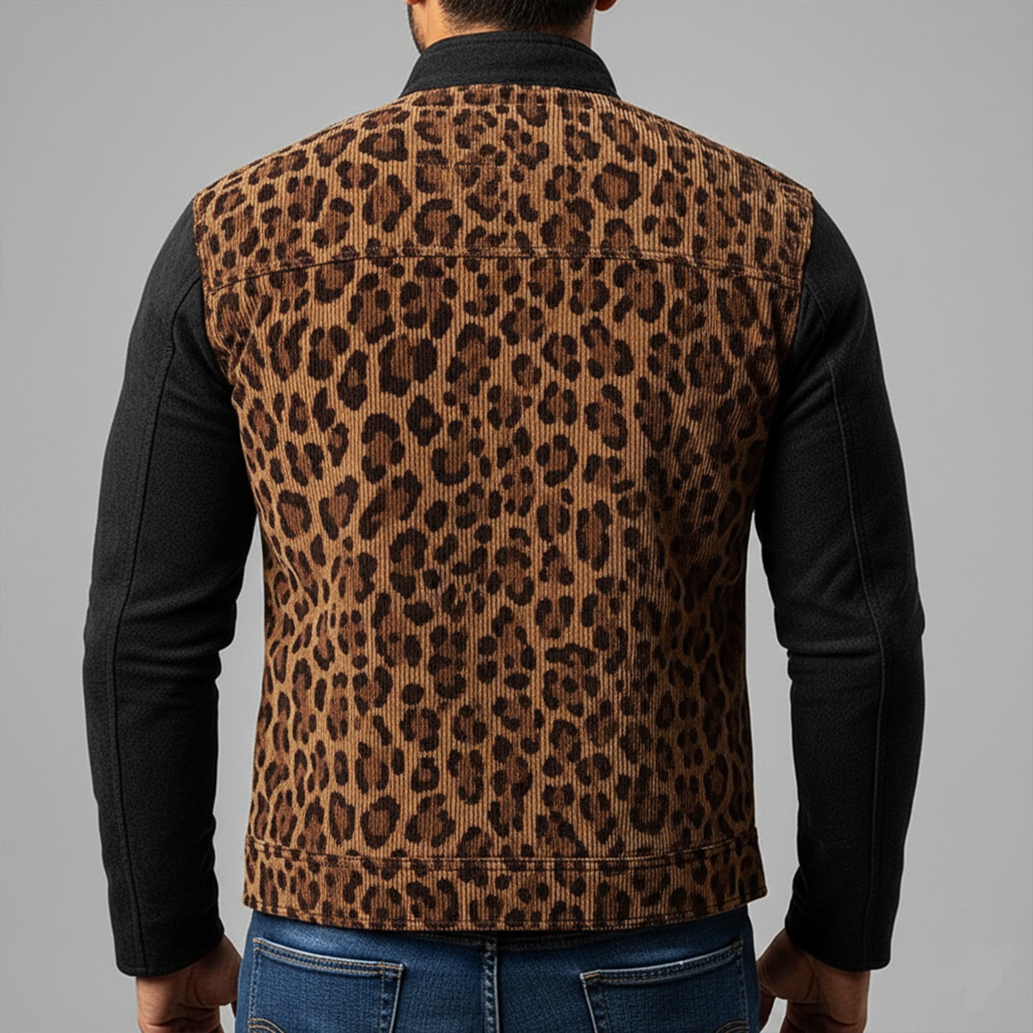Men's Classic Retro Stand Collar Leopard Print Corduroy Patchwork Faux Suede Zipper Jacket MTA2545J7K