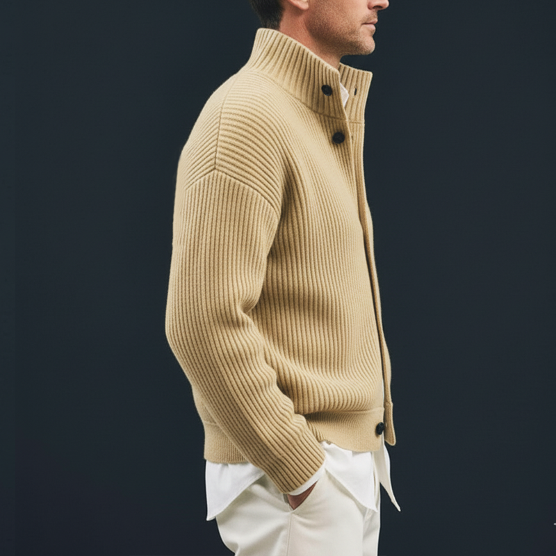 Men's Classic Beige Stand Collar Button Knit Cardigan MTA1736J4U
