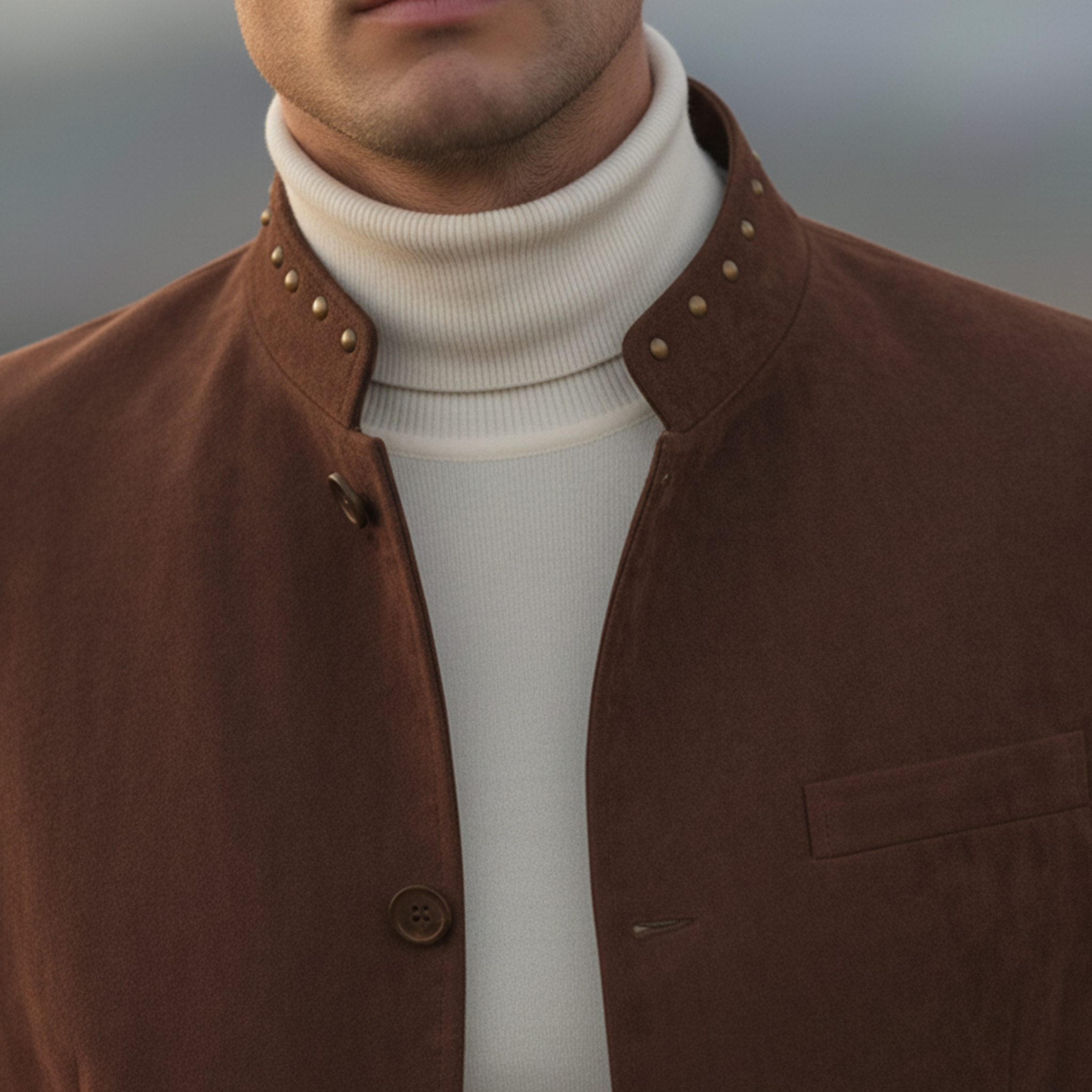 Men's Classic Retro Western Style Stand-up Collar Metal Studded Faux Suede Jacket MTA1045K4K