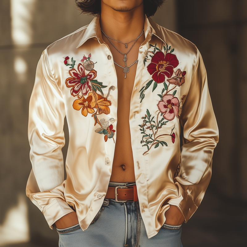 Men's Vintage Elegant Flower Embroidery Satin Lapel Loose Long Sleeve Shirt MTA1655F8M