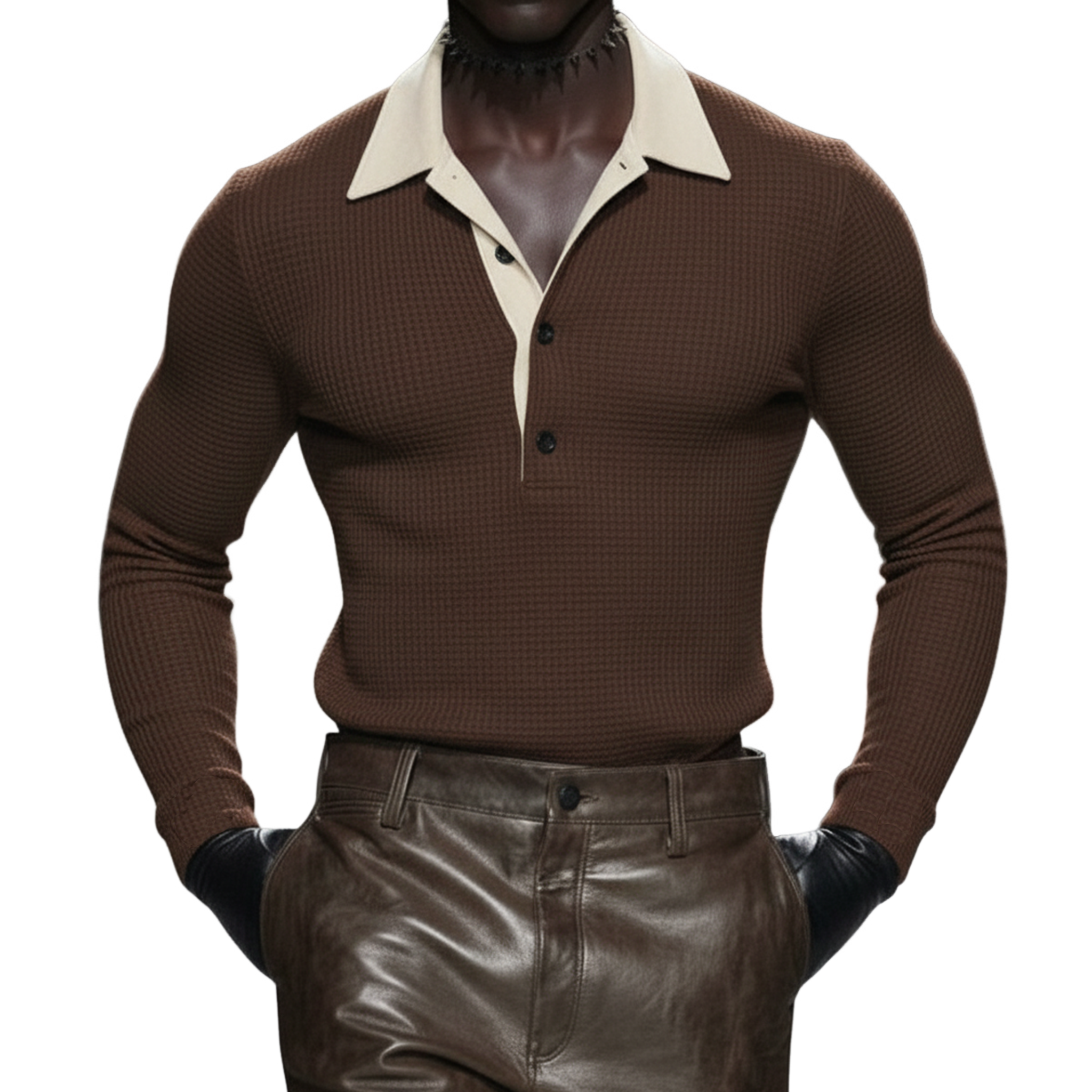 Men's Classic Casual Faux Suede And Waffle-knit Patchwork Slim-fit Long-sleeved Polo Shirt MTA0897L2K