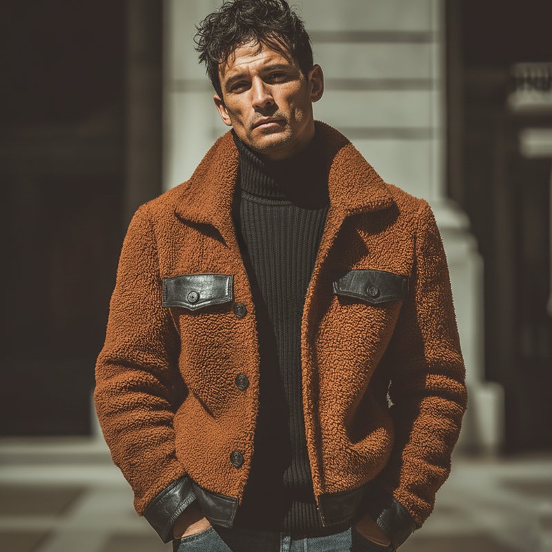 Men's Urban Style Orange Lambskin And PU Leather Patchwork Jacket MTA2049K5U