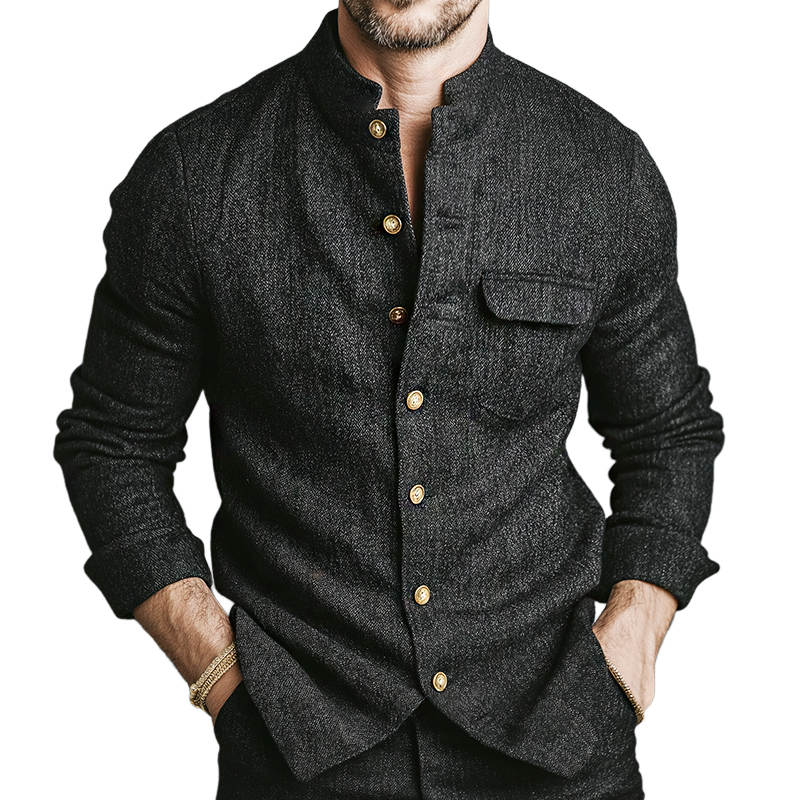 Men's Retro Casual Stand Collar Metal Button Long Sleeve Shirt MTA2435J8TO