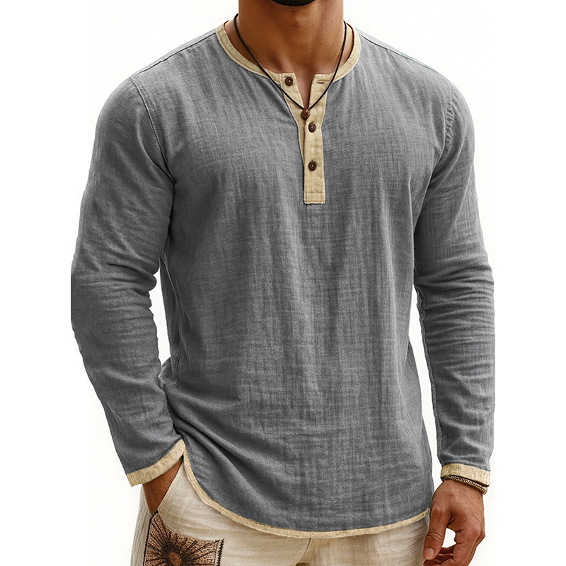Men's Cotton Blend Contrast Color Henley Collar Long Sleeve T-shirt MTA2594H7X
