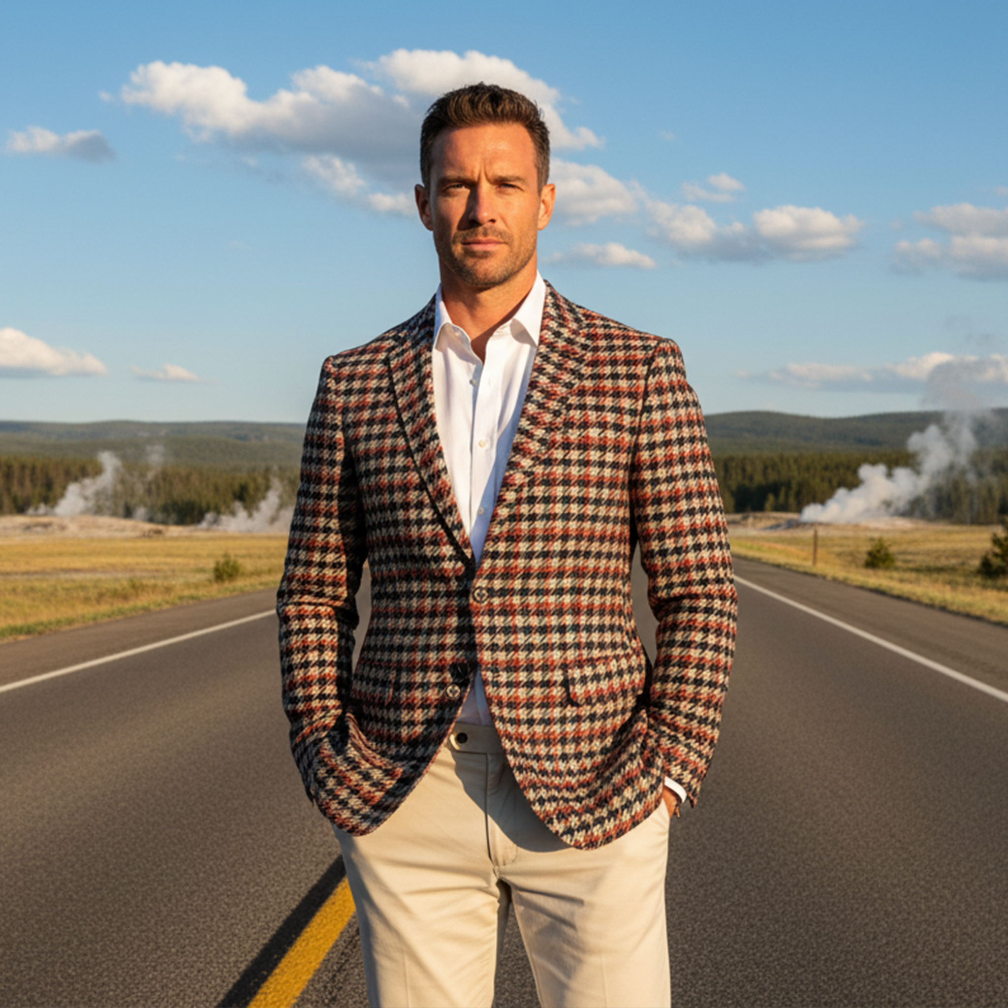 Men's Classic Light Business Contrast Faux Woolen Houndstooth Single-breasted Blazer MTA2282I1K