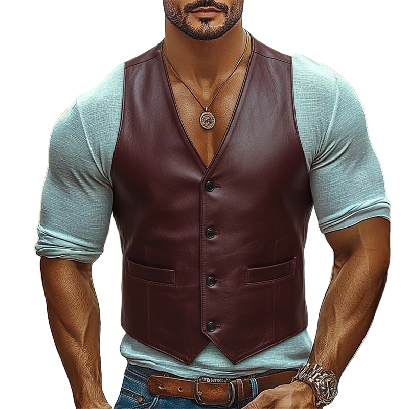 Men's Solid Color Retro V-neck PU Vest MTA0443L3X