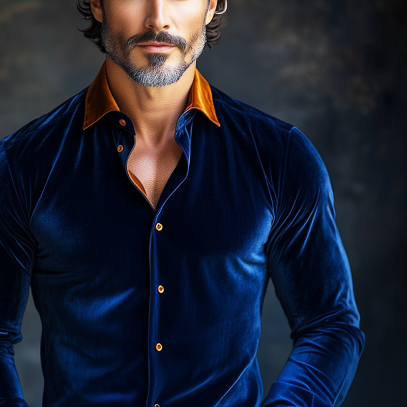 Men's Retro Patchwork Velvet Collar Long-Sleeve Shirt MTA0719K7X