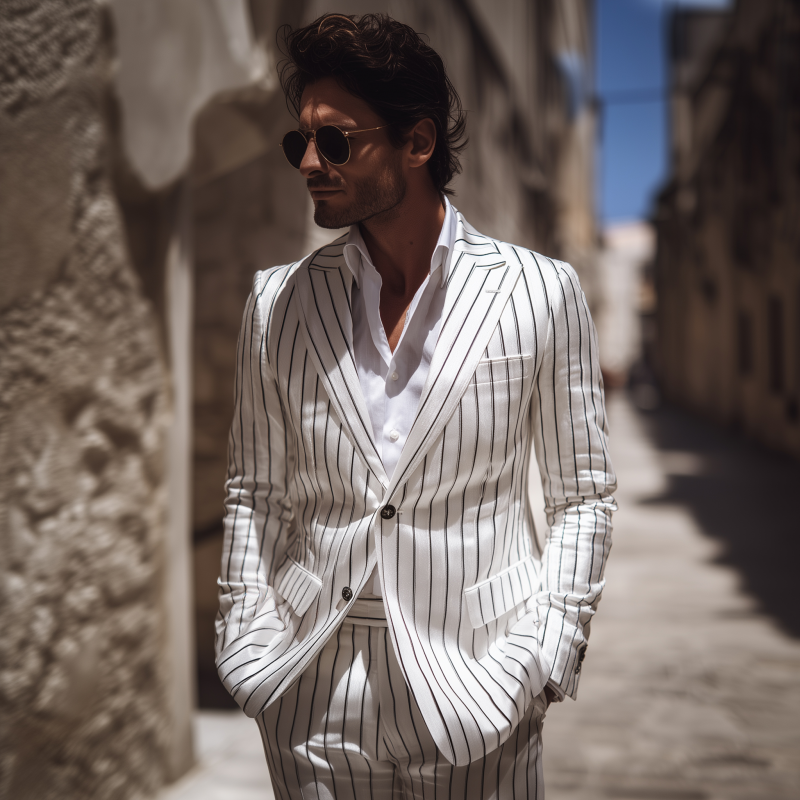 Men's Casual Cotton Linen Blend Striped Peak Lapel Single-breasted Slim-fit Blazer MTA3020G9M