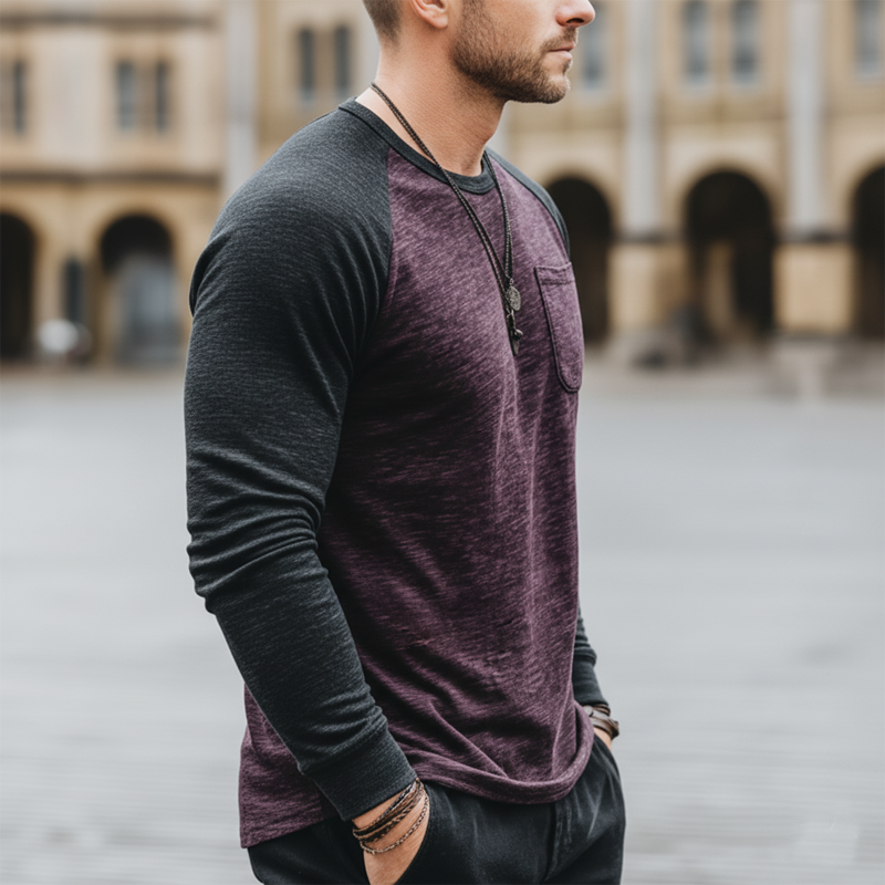 Men's Urban Color-block Crew Neck Cotton Blend Stretch Long-sleeved T-shirt MTZ0612A8U