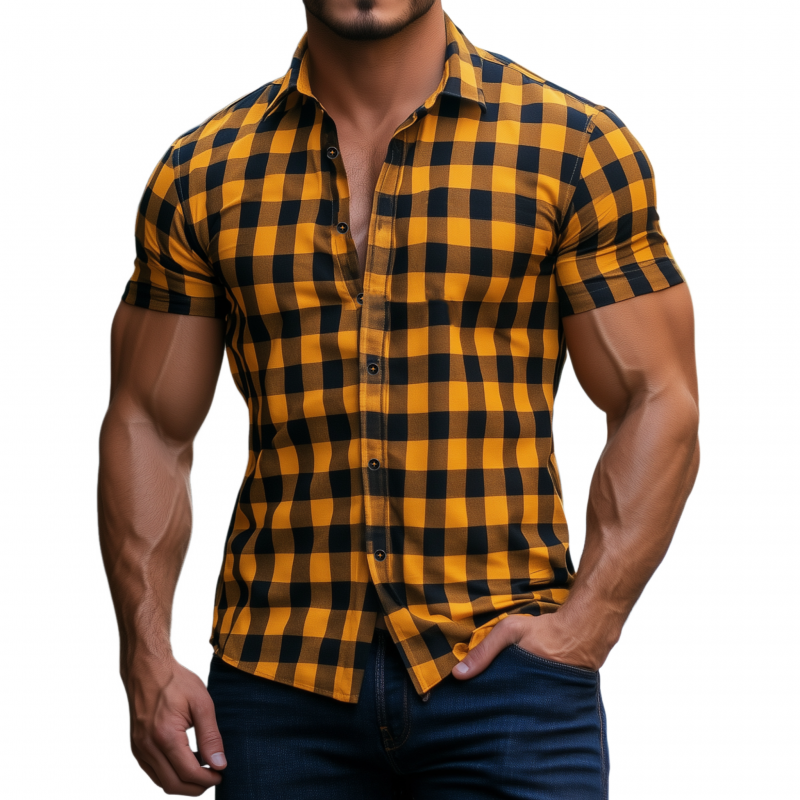 Herreskjorte med korte ermer, pustende bomull, rutete slag, slim fit og jakkeslag, MTA1130F4M