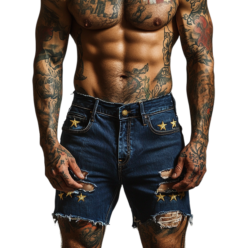 Men's Star Embroidered Ripped Denim Shorts MTA1732F0X