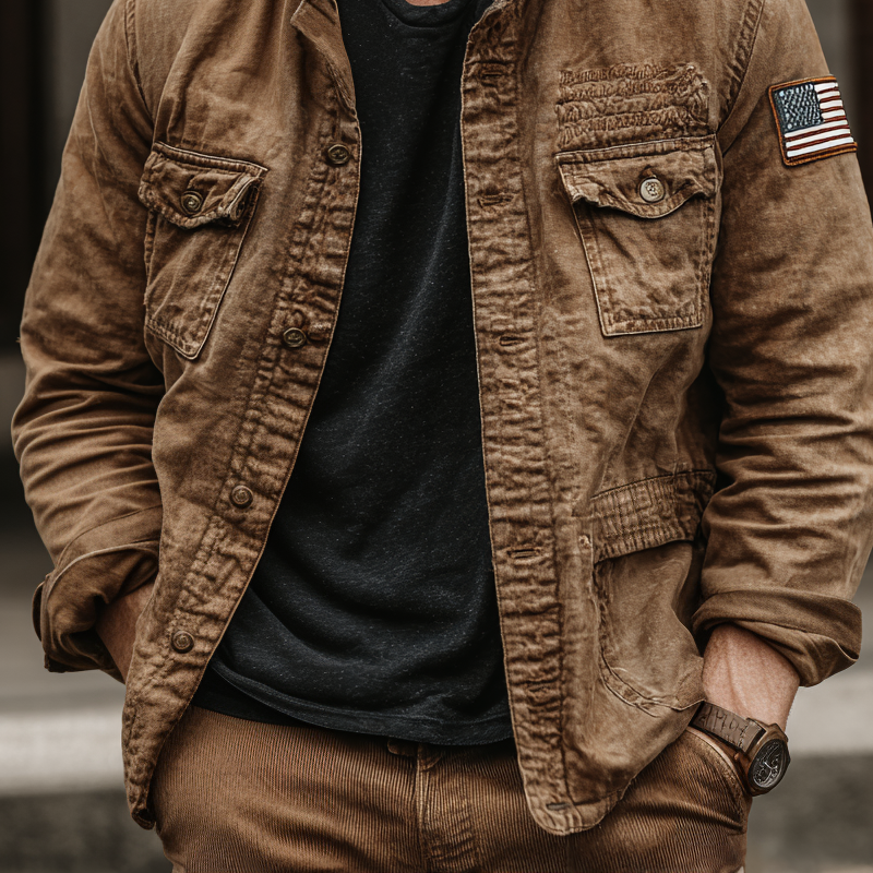 Men's Retro Washed Cotton Lapel Multi-pocket Cargo Jacket MTA1225I0Z