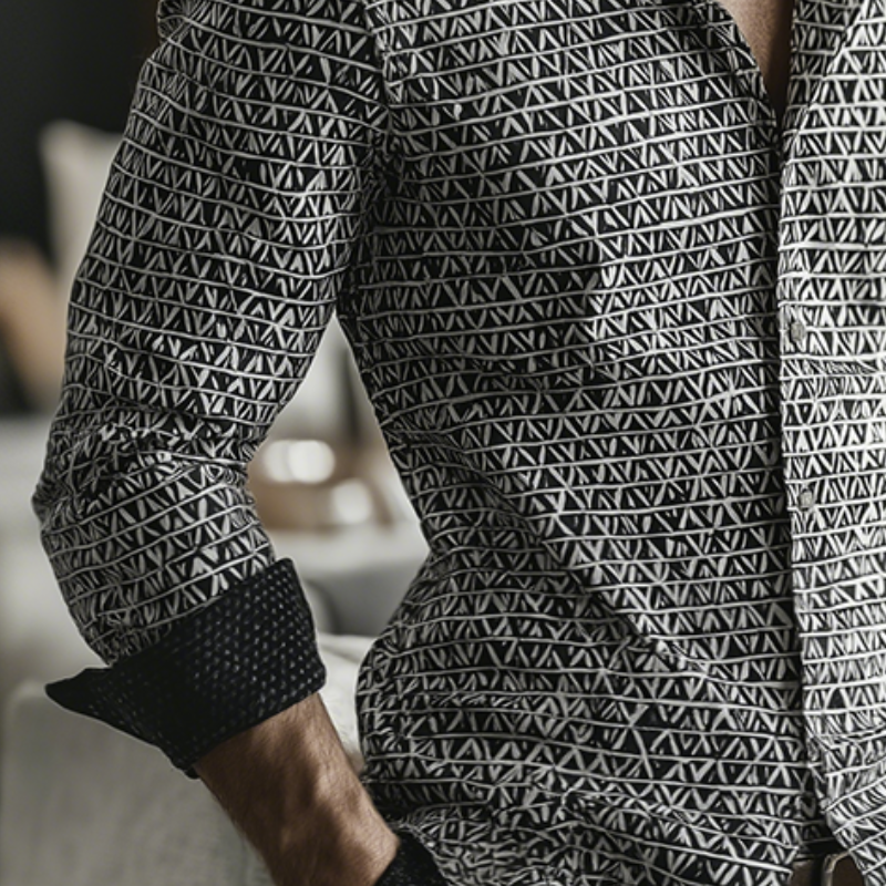 Men's Retro Casual Geometric Cycle Print Lapel Long Sleeve Shirt MTA2830G8TO