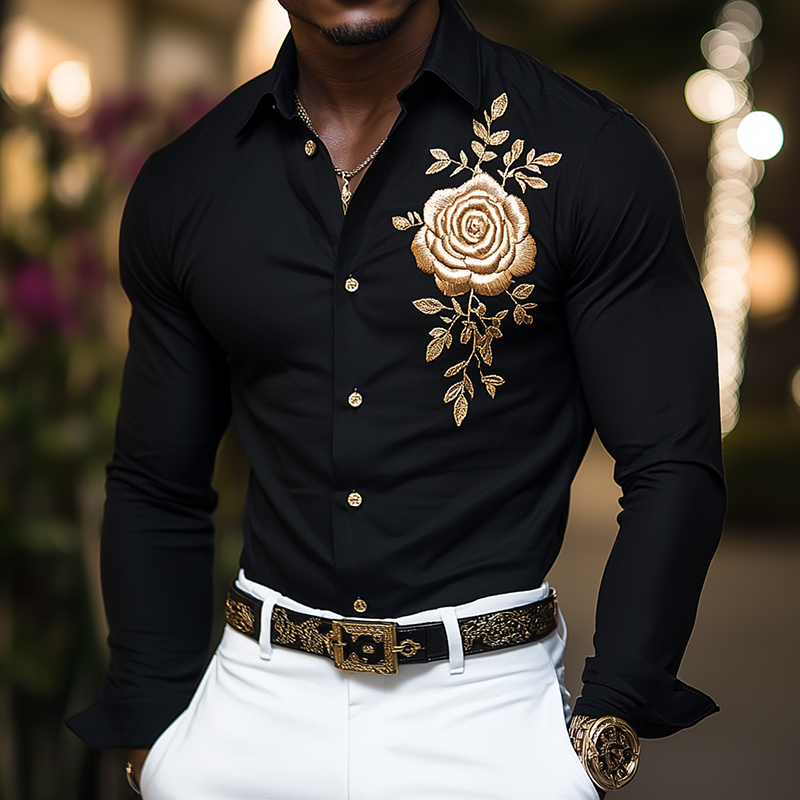 Men's Retro Casual Floral Embroidered Lapel Long-Sleeve Shirt MTA2621L6TO