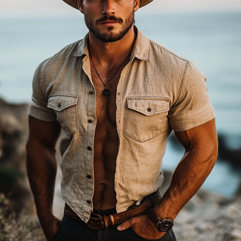 Men's Cotton And Linen Casual Single-Breasted Short-Sleeved Shirt MTA2923D1X