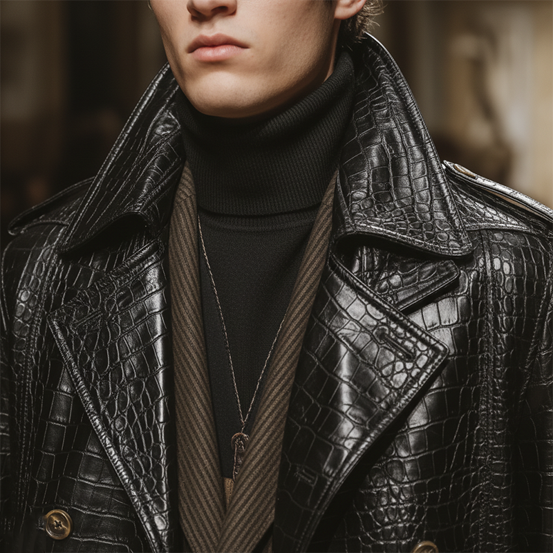 Men's Winter Retro Crocodile Pattern Shiny PU Long Coat MTA1432J7P