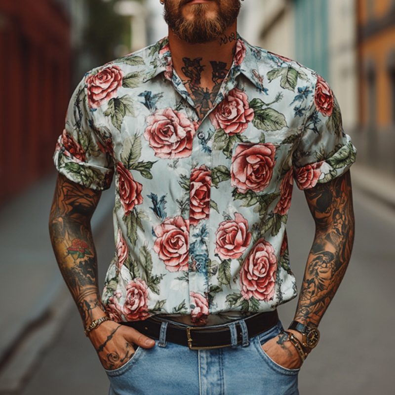 Herreskjorte med kort erme og rosetrykk i retro-stil, casual, MTA2761E2TO