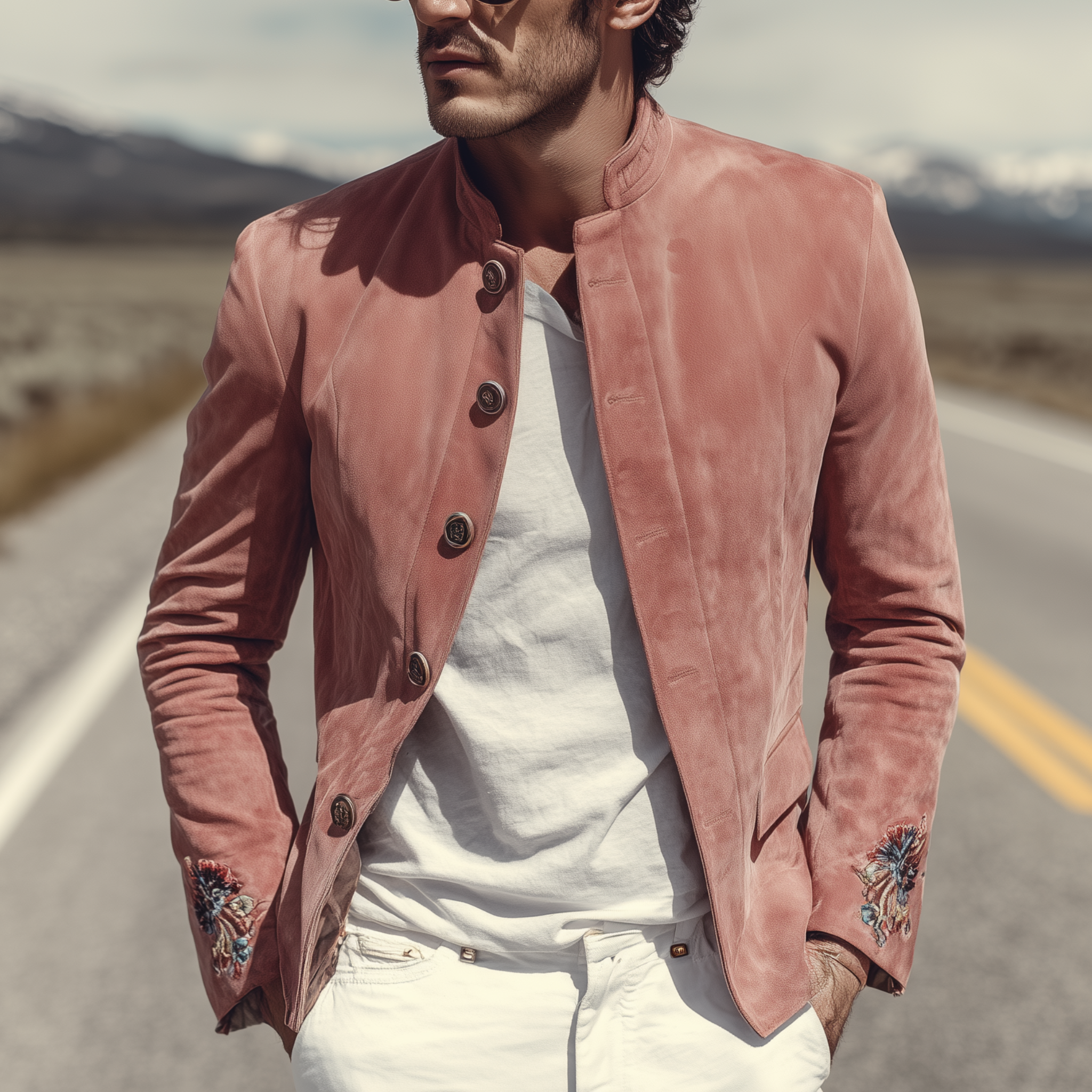 Men's Classic American Retro Western Style Stand Collar Embroidered Pink Suede Jacket MTA2015H1K