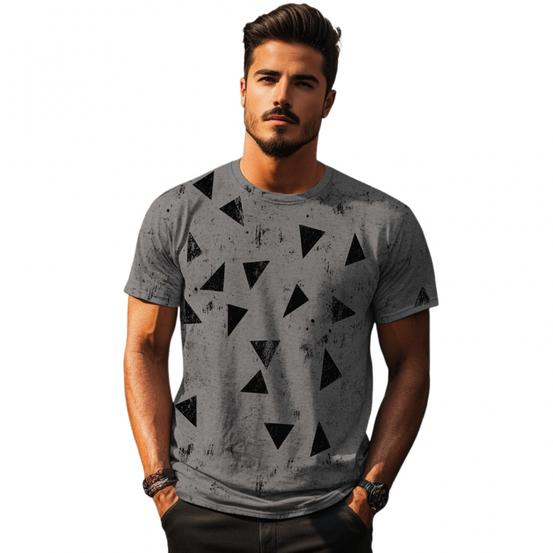 Men's Casual Distressed Triangle Printed Round Neck Slim Fit Short Sleeve T-Shirt MTA1539E2M