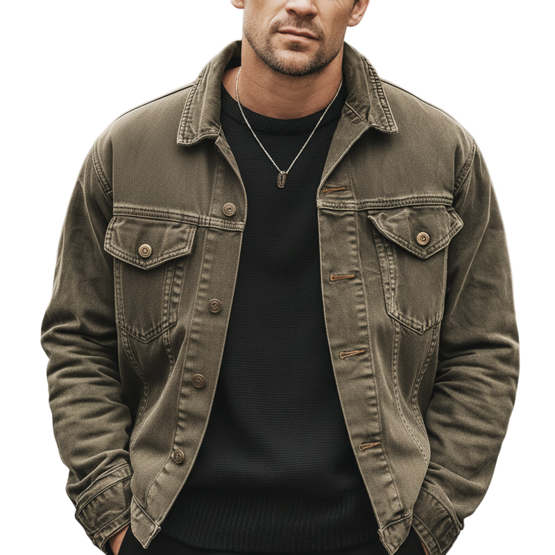 Men's Urban Classic Distressed Army Green Denim Jacket MTA1808L3U