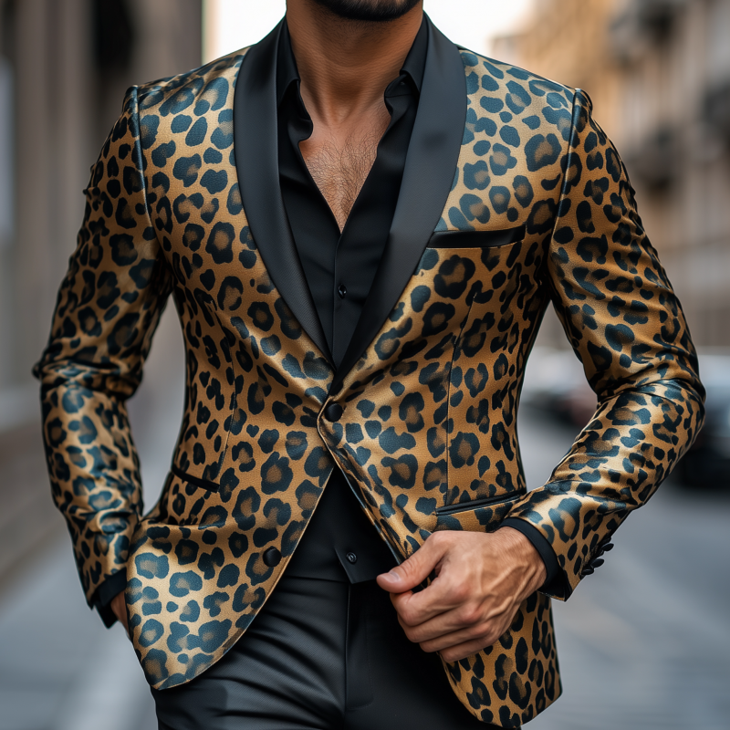 Men's Stylish Colorblock Leopard Print Satin Patchwork Shawl Collar Single-breasted Slim-fit Blazer MTA2802G2M