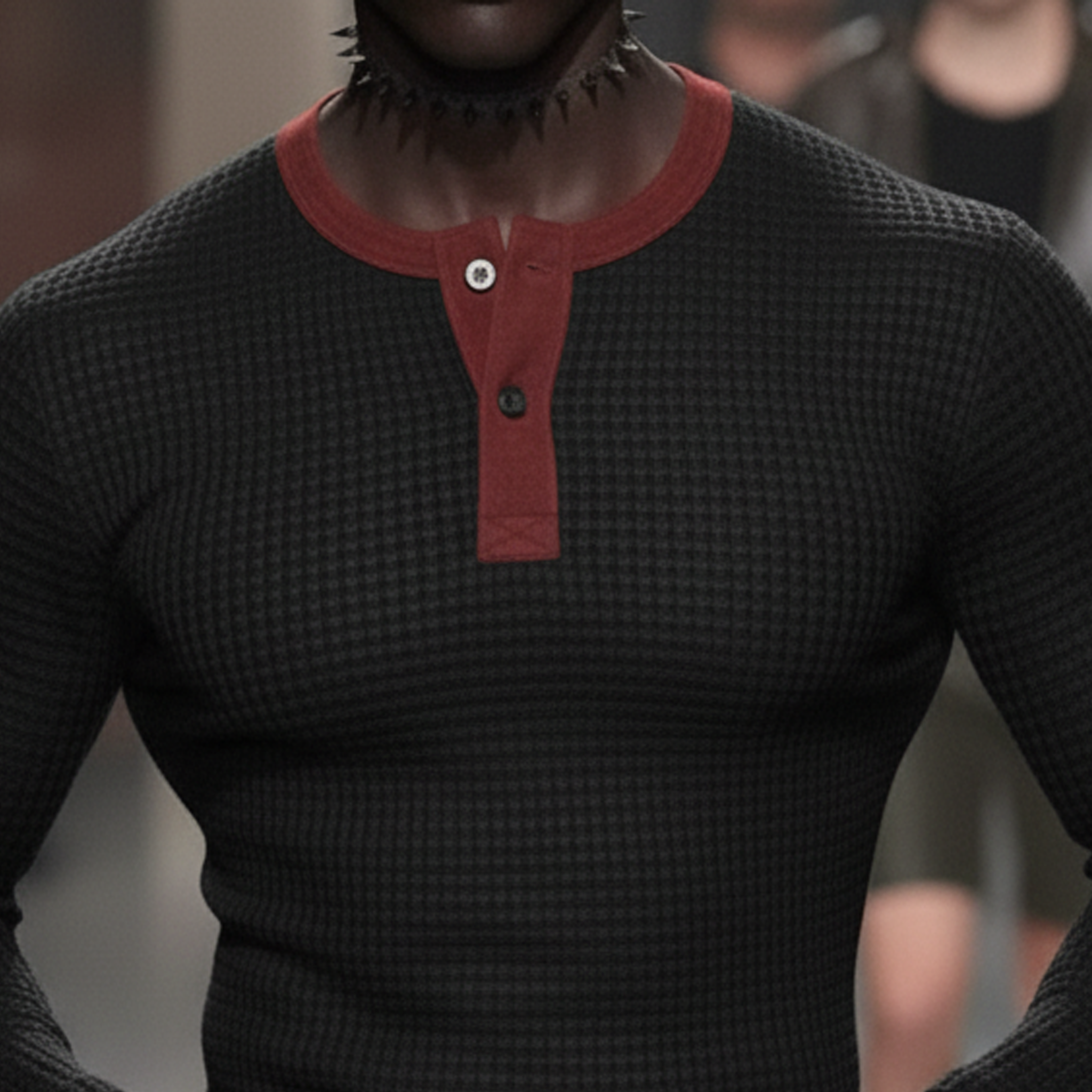 Men's Classic Casual Faux SUede Fabric Henley Neck Patchwork Waffle Knit Slim-fit Long-sleeved T-shirt MTA0832L4K