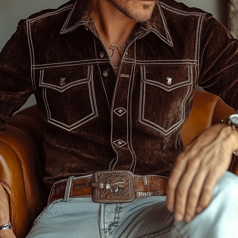 Men's Vintage Western Style Velvet Lapel Long Sleeve Shirt MTA1140J6X