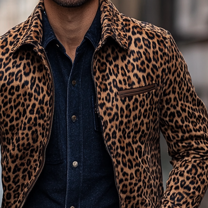 Men's Vintage Leopard Print Lapel Faux Suede Jacket MTA0118I5X