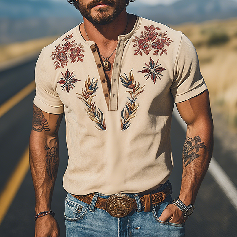 Men's Spring And Summer New American Retro Western Cowboy Thin Suede Embroidered Henry Collar Short-sleeved T-shirt MTA1800F9K