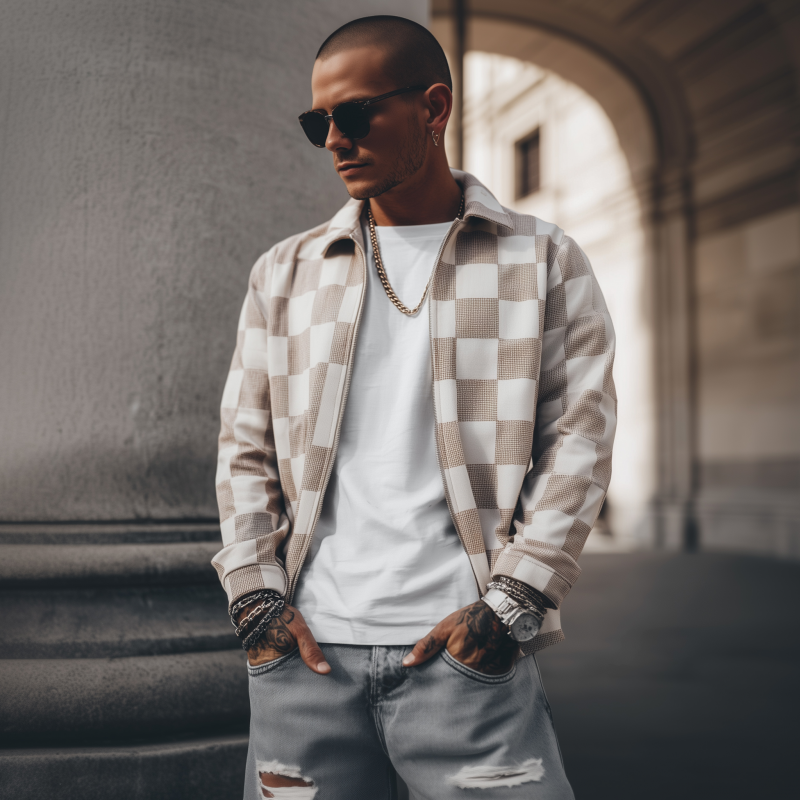 Men's Casual Fashion Contrast Checkerboard Lapel Zipper Placket Loose Jacket MTA3060G7M