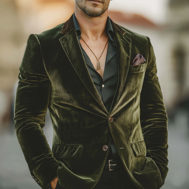 Men's Business Velvet Two-Button Single Vent Color-Block Collar Blazer MTZ0423A9U