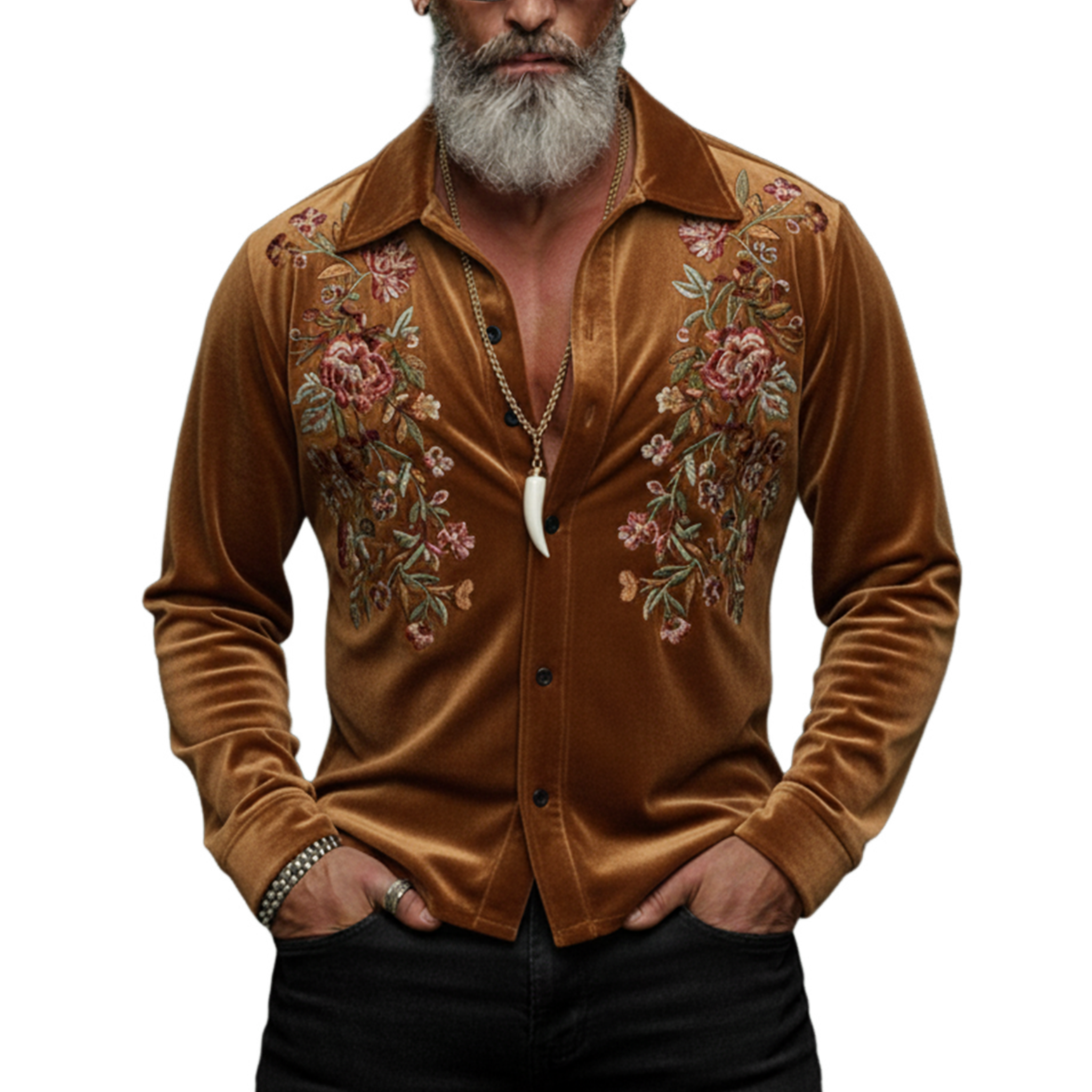 Men's Classic Vintage Embroidered Faux Velvet Long-sleeved Shirt MTA1561L7K