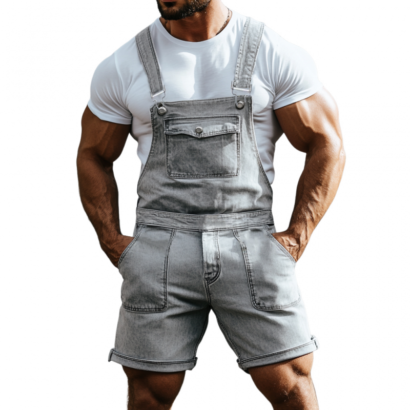 Men's Vintage Washed Distressed Multi-Pocket Denim Shorts Jumpsuit MTA2785E1M
