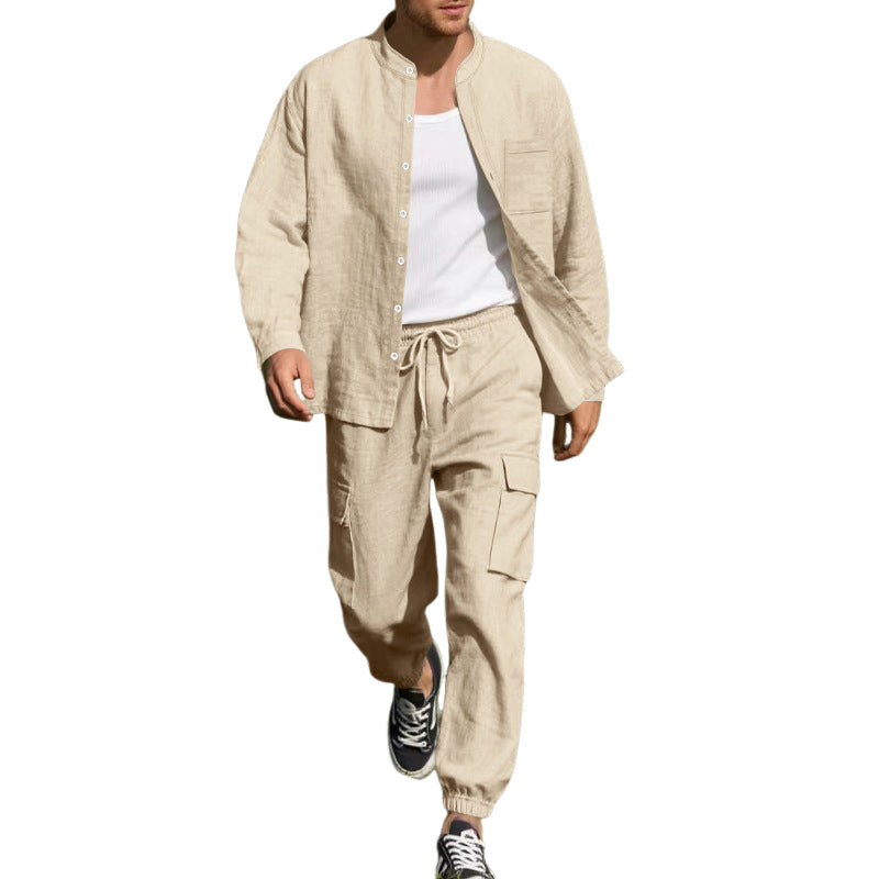 Men's Casual Cotton And Linen Long-Sleeved Trousers Two-Piece Set MTA0653E1X