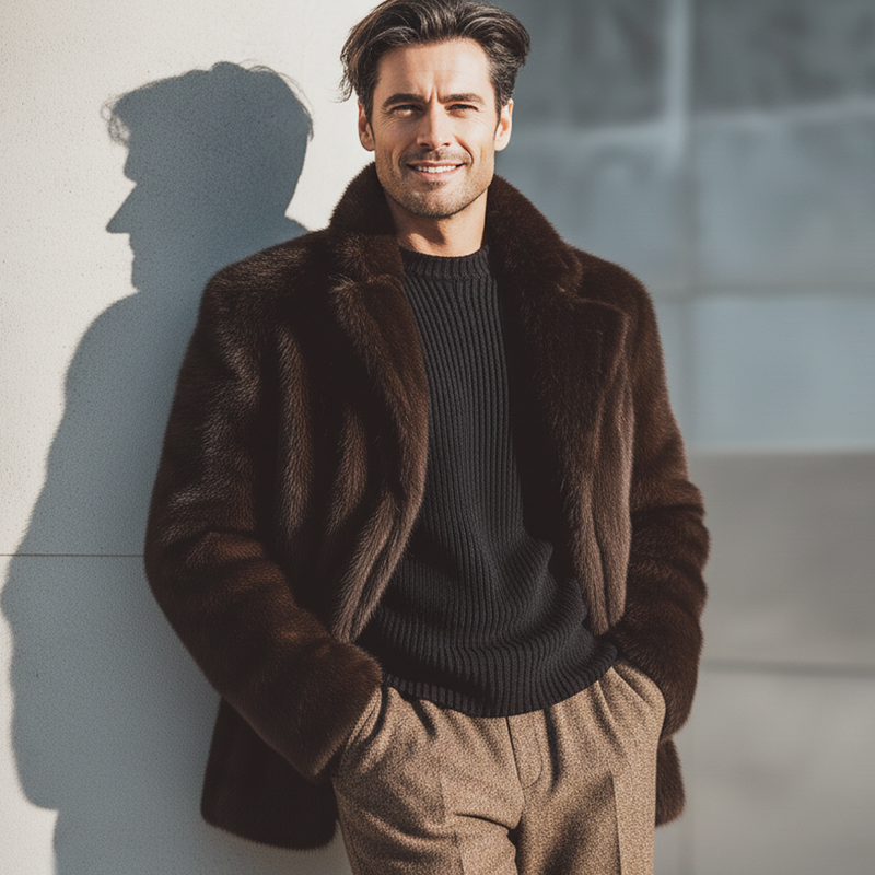 Men's Luxury Winter Warm Faux Mink Fur Concealed Buttons Jacket MTA2786K8U