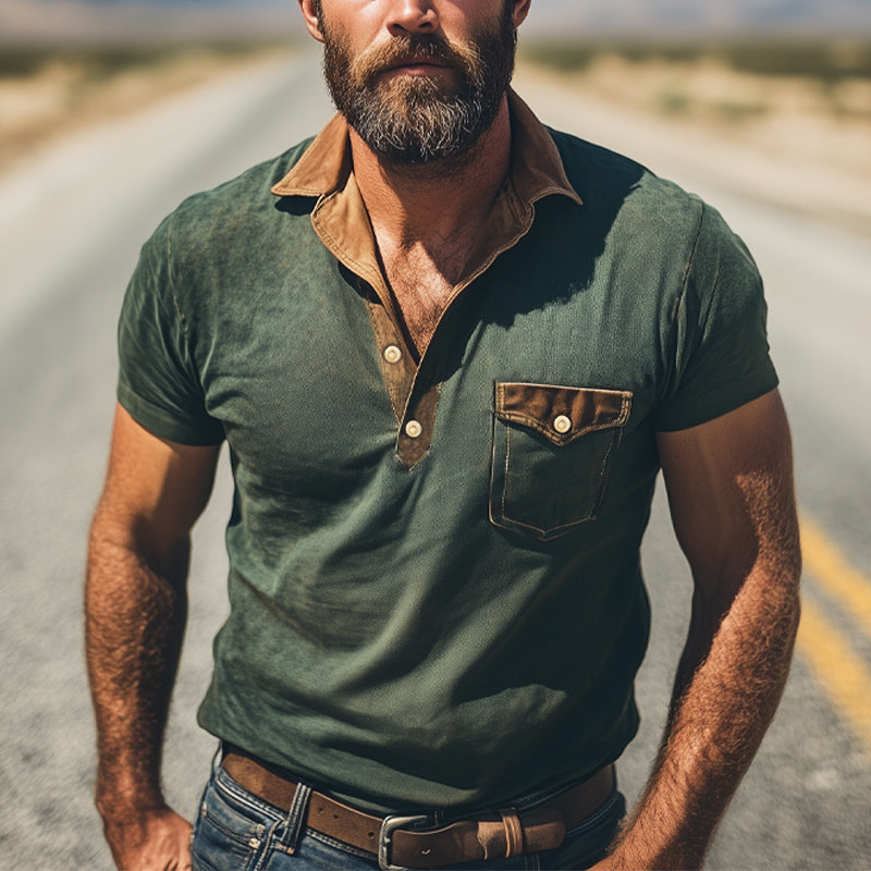 Men's Summer Retro Small V-neck Colorblock Short-sleeved T-shirt MTA1582E2U