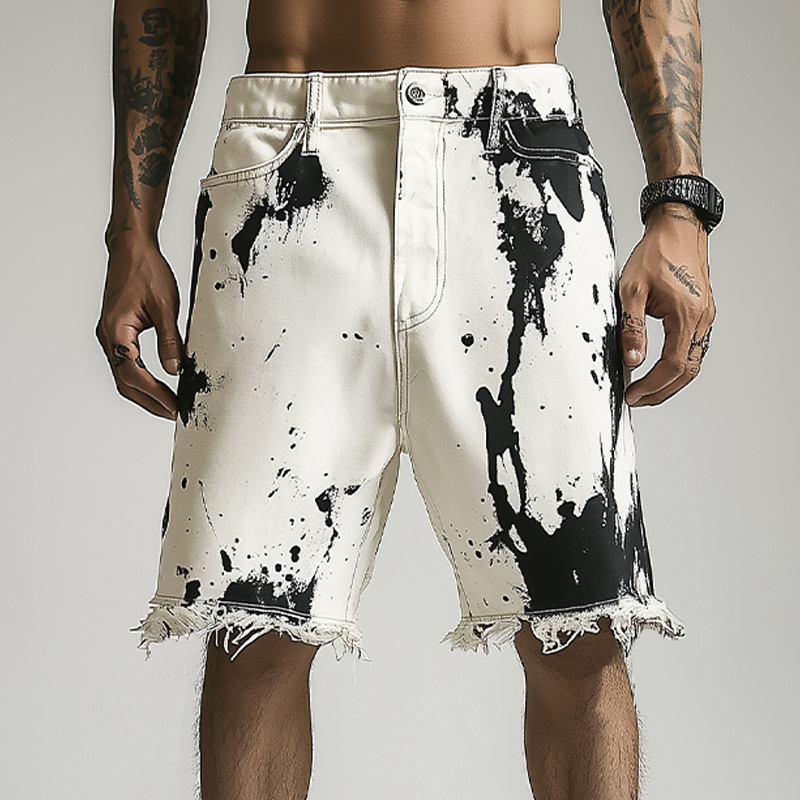 Men's Spring And Summer Fashion Casual Personality Washed Denim Ink-splashed Hem Shorts MTA2336F1K