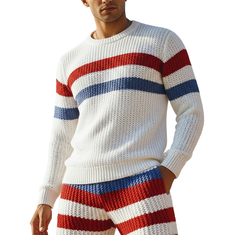 Men's Spring Fashion Horizontal Striped Cotton Yarn Knitted Long-Sleeve Sweater MTZ2268A2P