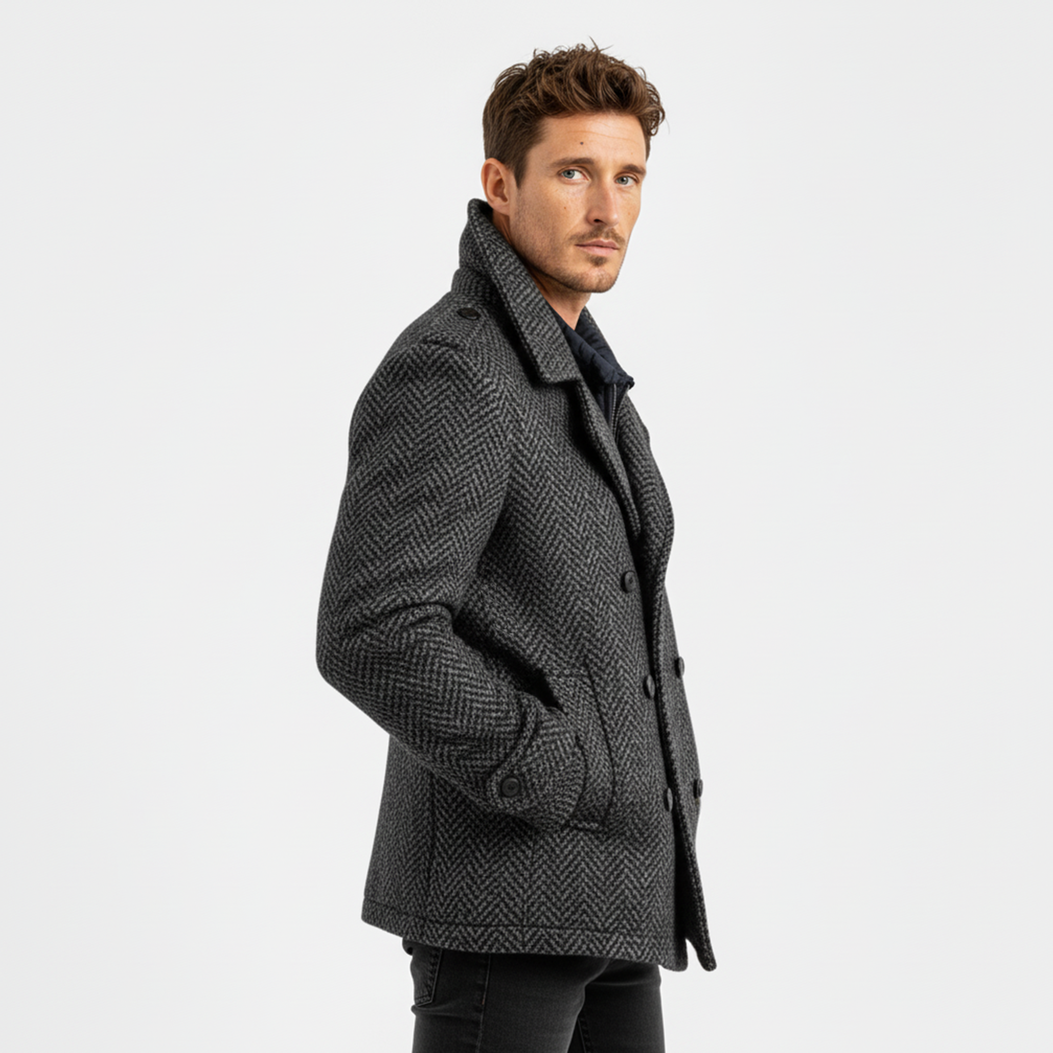Men's Classic Light Business Lapel Double-breasted Faux Herringbone Wool Coat MTA3060I6K
