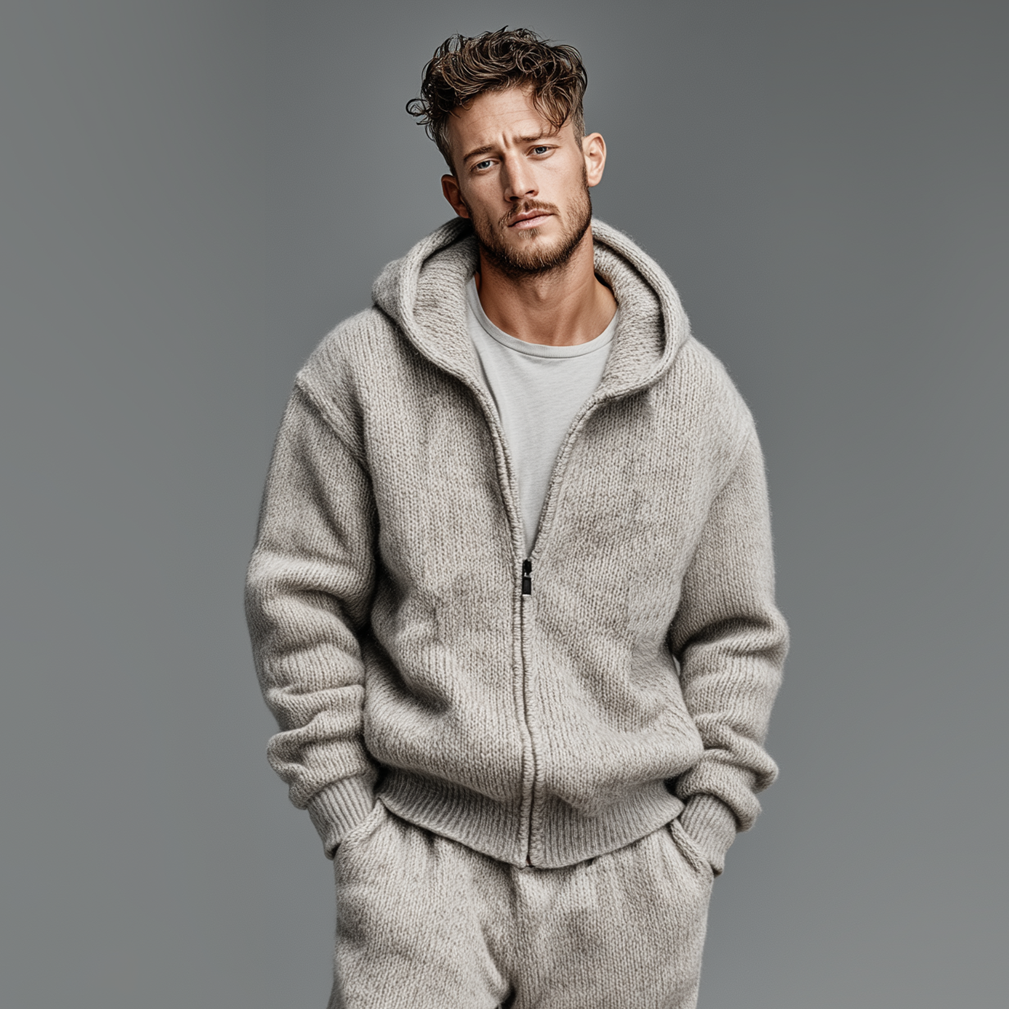 Men's Classic Casual Hooded Zipper Knit Cardigan Elastic Waist Knit Pants Set MTA1491J0K
