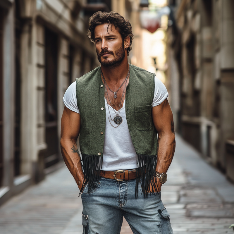 Men's Bohemian Linen Round Neck Single Breasted Patch Pocket Tassel Paneled Vest MTA2120E4M