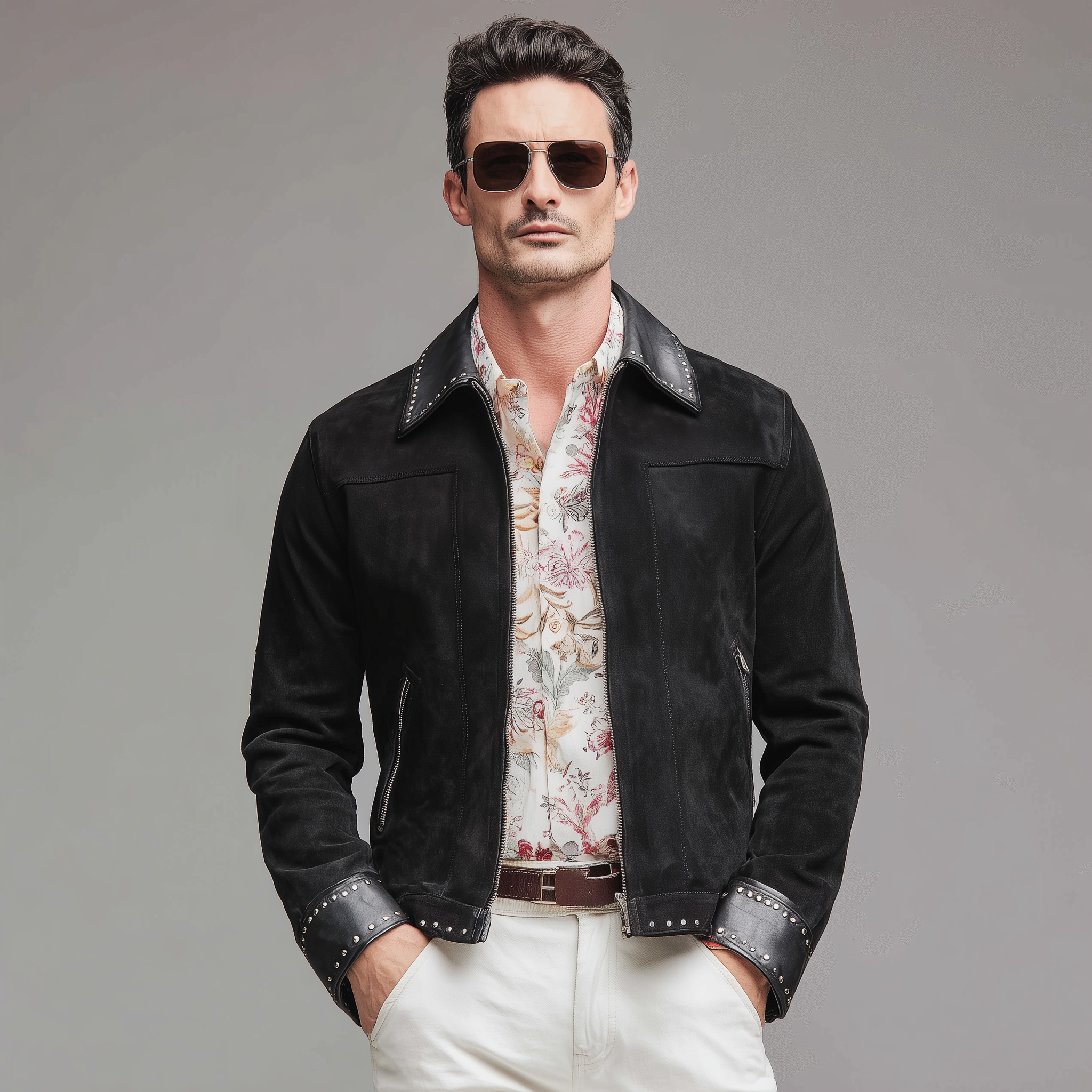 Men's Classic Casual PU Leather Lapel And Cuffs PU Leather Decoration Metal Rivet Zipper Suede Jacket MTA1140H7K