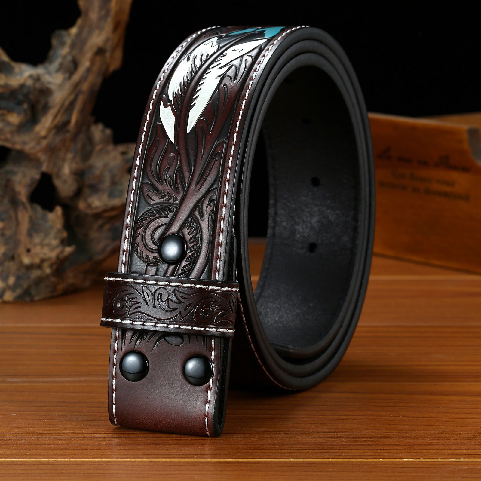 Men's Vintage Genuine Leather Punk Style Embossed Feather Snap Belt MTA0850E9U