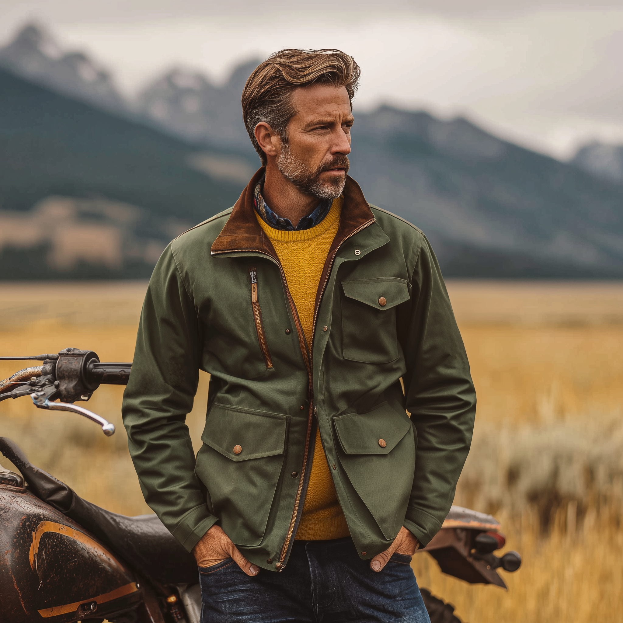 Men's Classic Western Vintage Suede Collar Multi-Pocket Zipper Cotton Blend Jacket MTA0565I3K