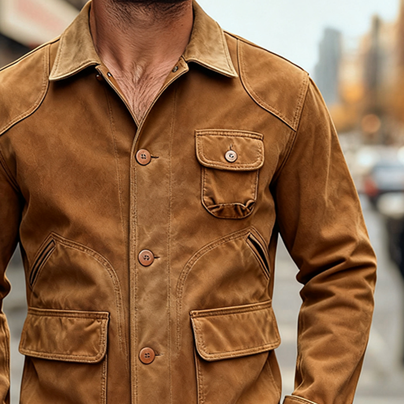 Men's Washed Cotton Lapel Multi-pocket Work Jacket MTA1115K8X