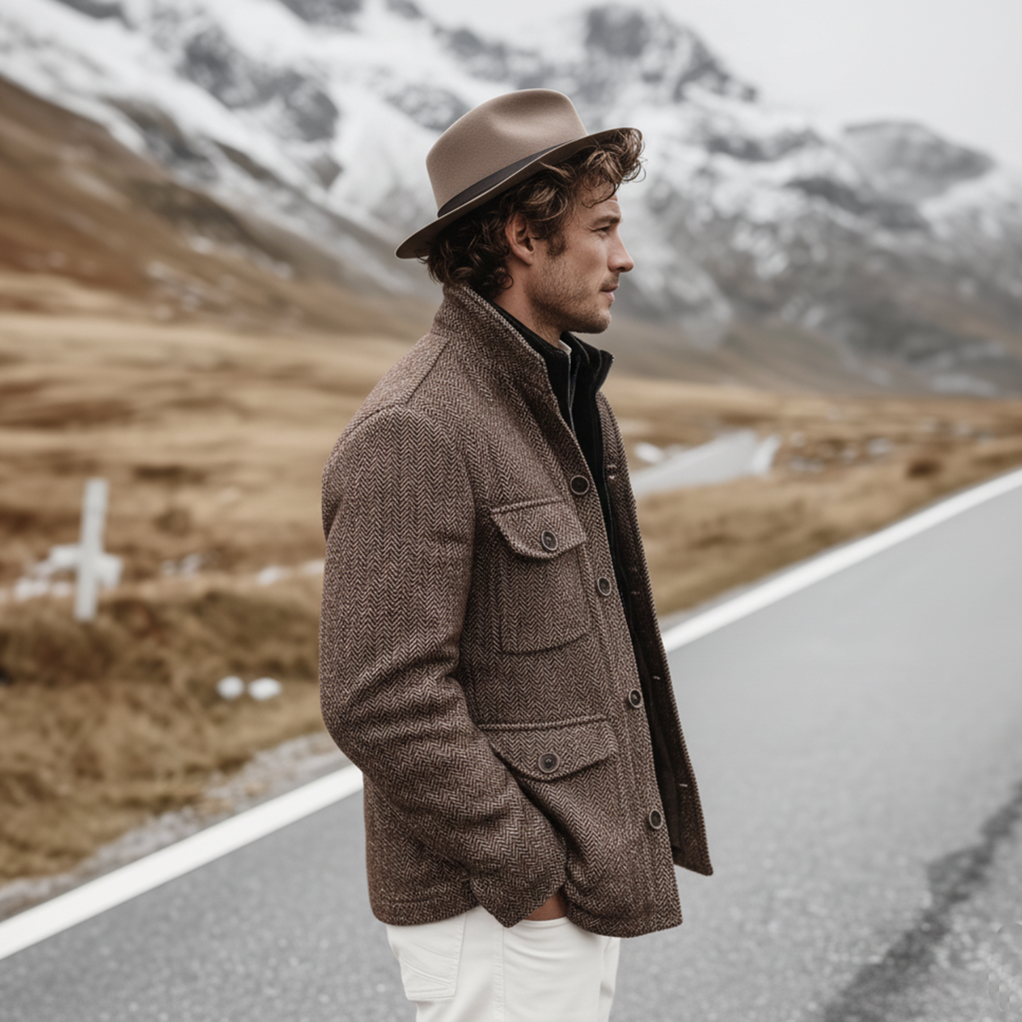 Men's Classic Casual Stand-up Collar Multi-pocket Faux Herringbone Woolen Jacket MTA1618J9K