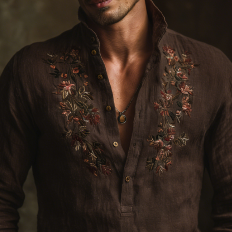 Men's Retro Casual Cotton Linen Floral Embroidery Henley Collar Long-Sleeve Shirt MTZ0443B2TO